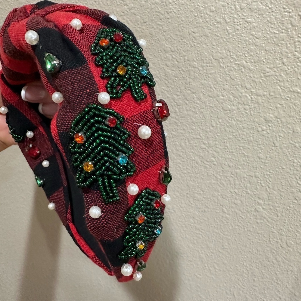 Plaid Red and Black Headband with Beaded Accents - Picture 5 of 5